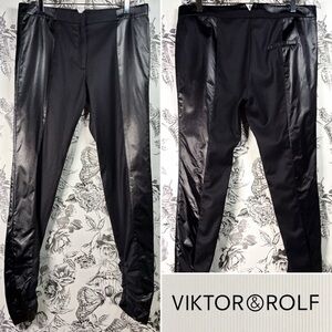 Viktor & Rolf Black Mixed Material Pants w/ Gathered Zippered Ankles, Sz 46/10